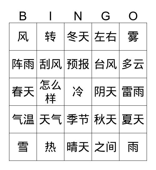 天气预报 Bingo Card