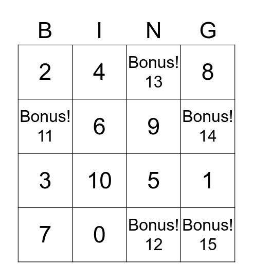 Numbers 0-10 Bingo Card