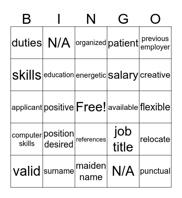 Job Application Bingo ( Vocabulary Review)  Bingo Card