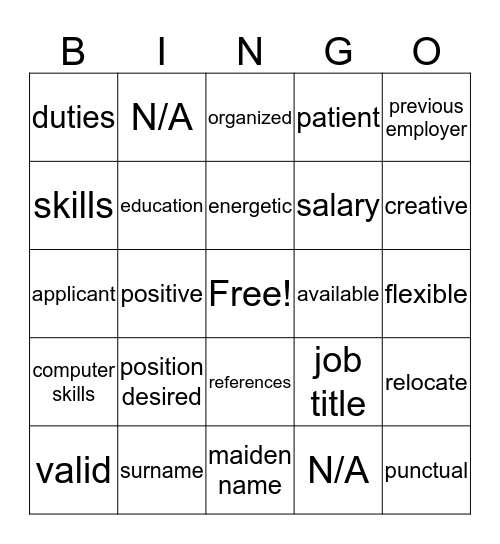 Job Application Bingo ( Vocabulary Review)  Bingo Card