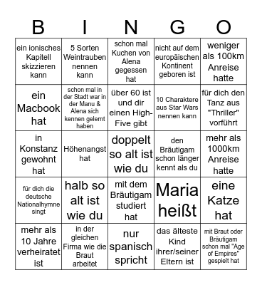 Alena und Manu's Gäste-Bingo Card