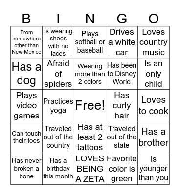 Zeta Girls Bingo Card
