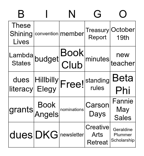 Beta Phi Bingo Card