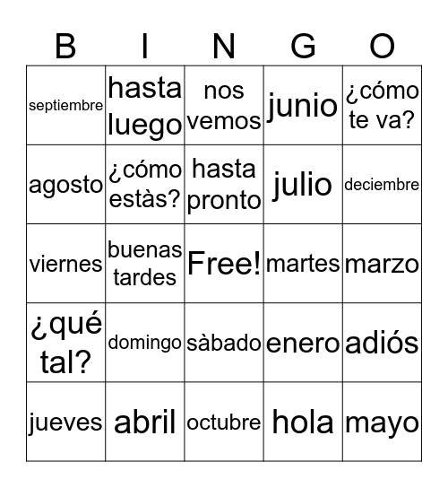 Greetings/Months/DOW Bingo Card