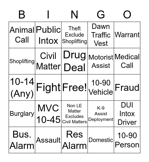 Patrol Bingo Card