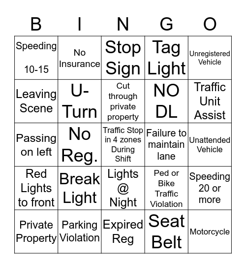Traffic Stop Bingo Card