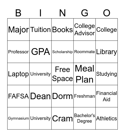 Going To College Bingo Card