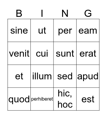 Latin Vocabulary Bingo Card