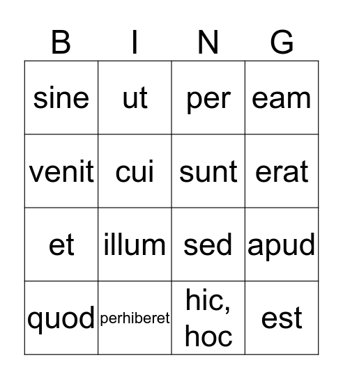 Latin Vocabulary Bingo Card