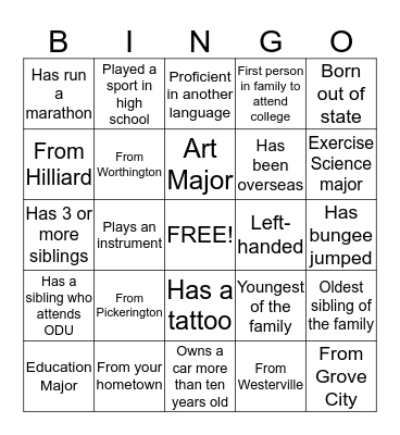 ODU Commuter Bingo Card