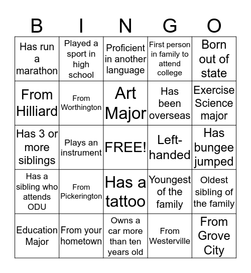 ODU Commuter Bingo Card