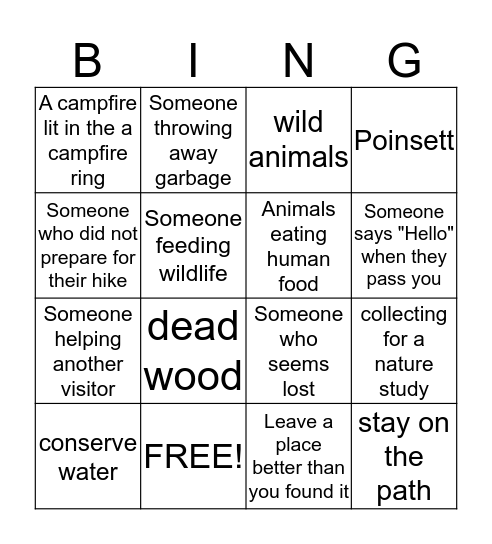 Leave No Trace Bingo Card