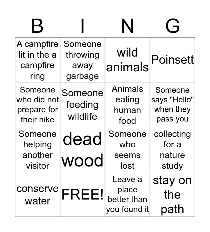 Leave No Trace Bingo Card