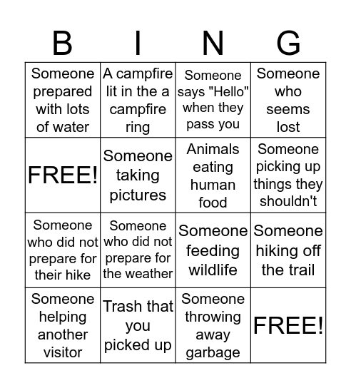 Leave No Trace Bingo Card