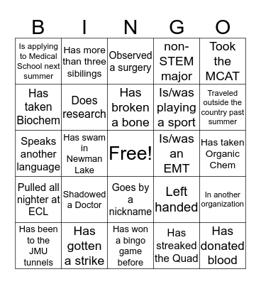 Pre-Med Association Bingo Card