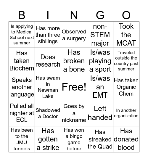Pre-Med Association Bingo Card