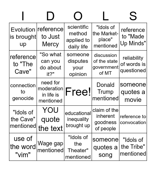 "Idols" Bingo Card