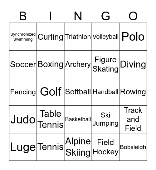 Olympic Sports Bingo Card