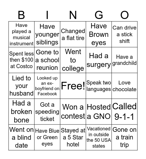 Girls Night Out bingo Card
