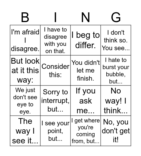 disagreement bingo Card