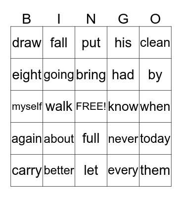 Sight Word Bingo Card