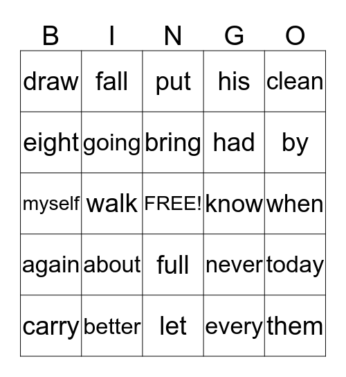 Sight Word Bingo Card