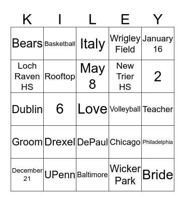 Kiley's Bridal Shower  Bingo Card