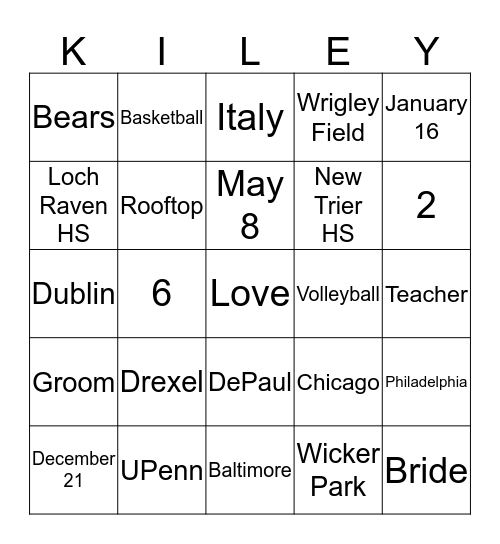 Kiley's Bridal Shower  Bingo Card