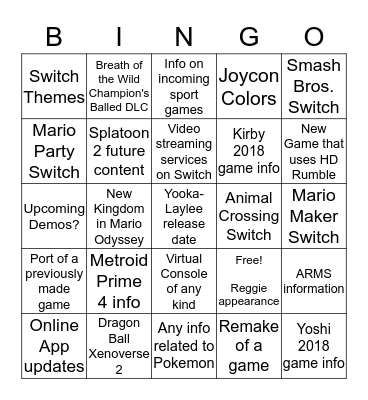 September 14th: Nintendo Direct Bingo Card