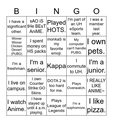 eSports at UH Bingo Card