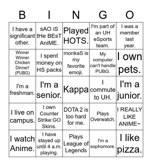 eSports at UH Bingo Card