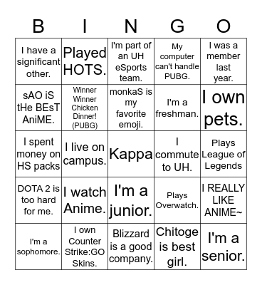 eSports at UH Bingo Card