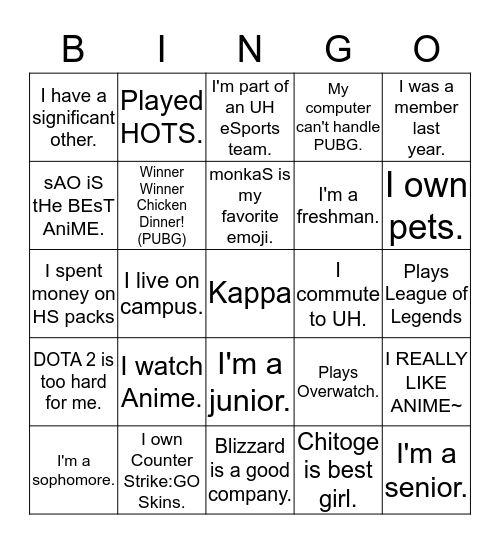 eSports at UH Bingo Card