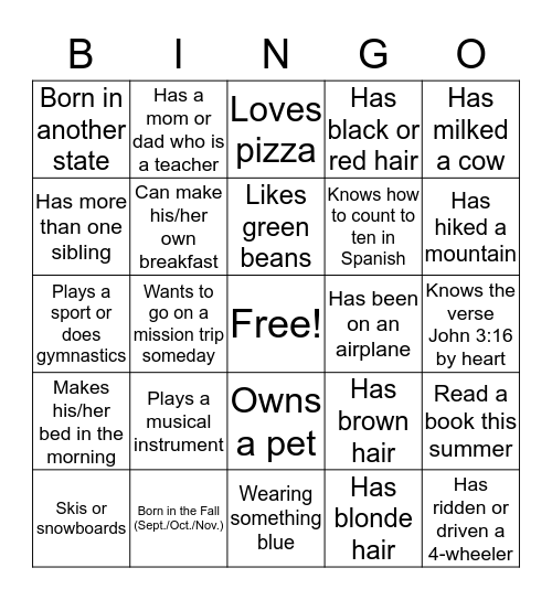 "Get to Know You" BINGO Card