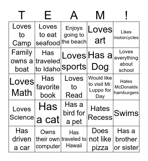 Find Someone Who....... Coopertive Learning Activity Bingo Card