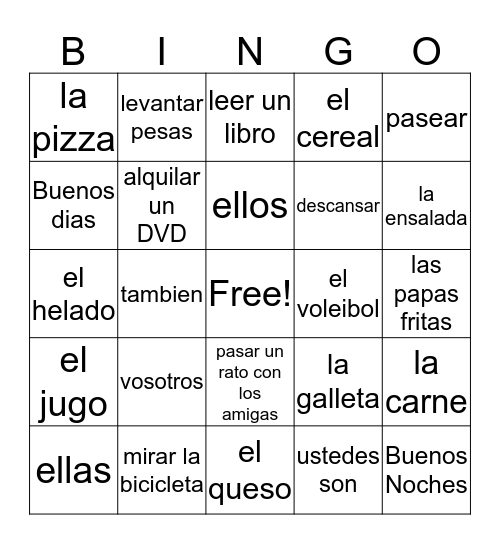 7th grade Spanish Bingo Card