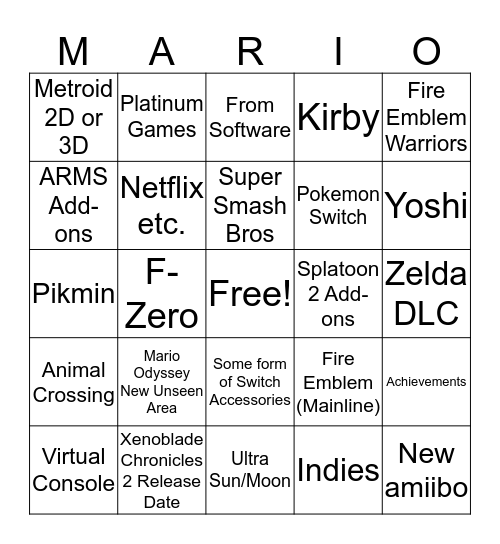 NINTENDO DIRECT 13/09/17 Bingo Card