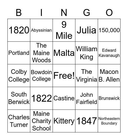 History of Maine Bingo Card