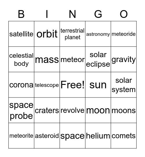 Universe Vocabulary Bingo 1 Bingo Card