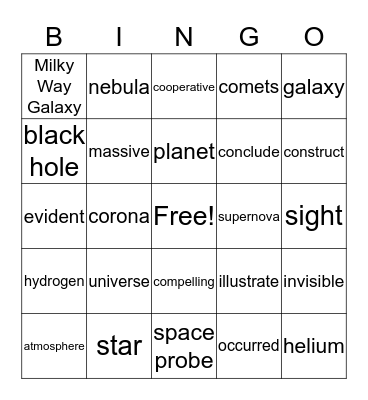Universe & Challenge Vocabulary Bingo 2 Bingo Card