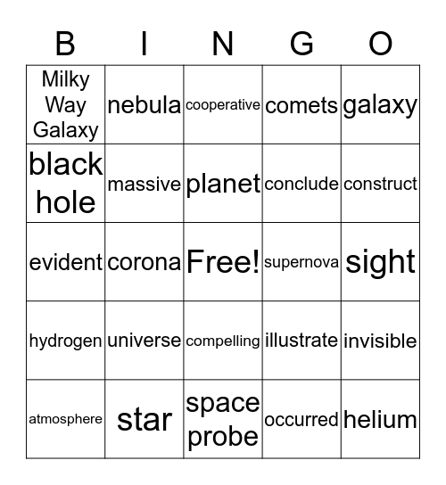 Universe & Challenge Vocabulary Bingo 2 Bingo Card
