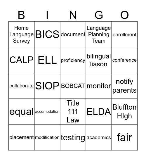ESOL Bingo Card