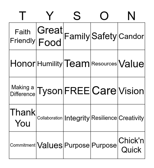 Tyson Foods Culture Bingo Card