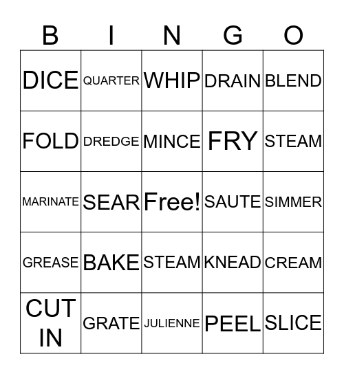 Cooking Terms Bingo Card