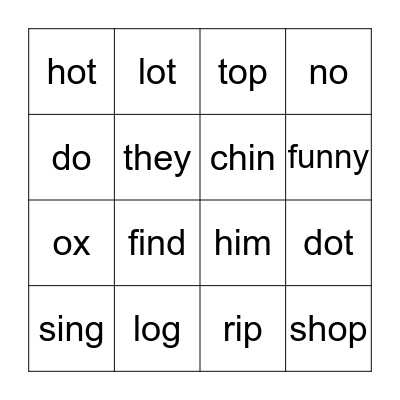 Lesson 3 Short o Spelling, Sight Words, sh, and ch Bingo Card