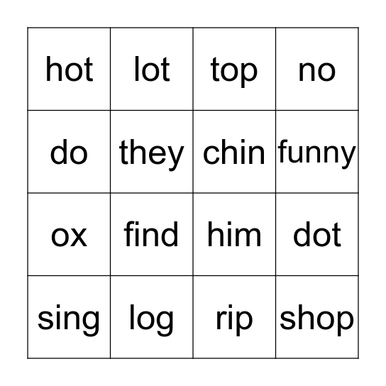Lesson 3 Short o Spelling, Sight Words, sh, and ch Bingo Card