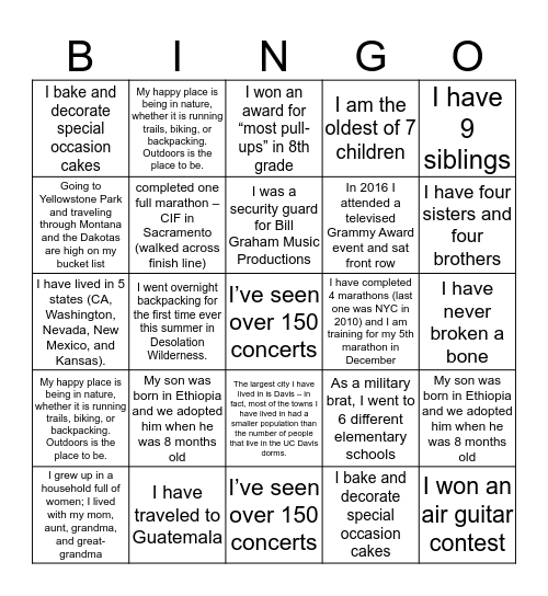Fun Facts Bingo Card