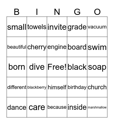 Vocabulary Bingo Card