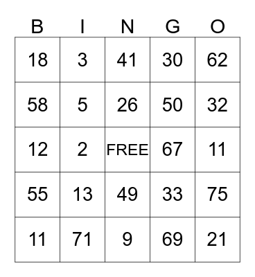 Family Bingo Night Bingo Card