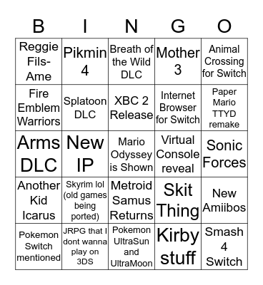 Nintendo Direct 9/13 Bingo Card